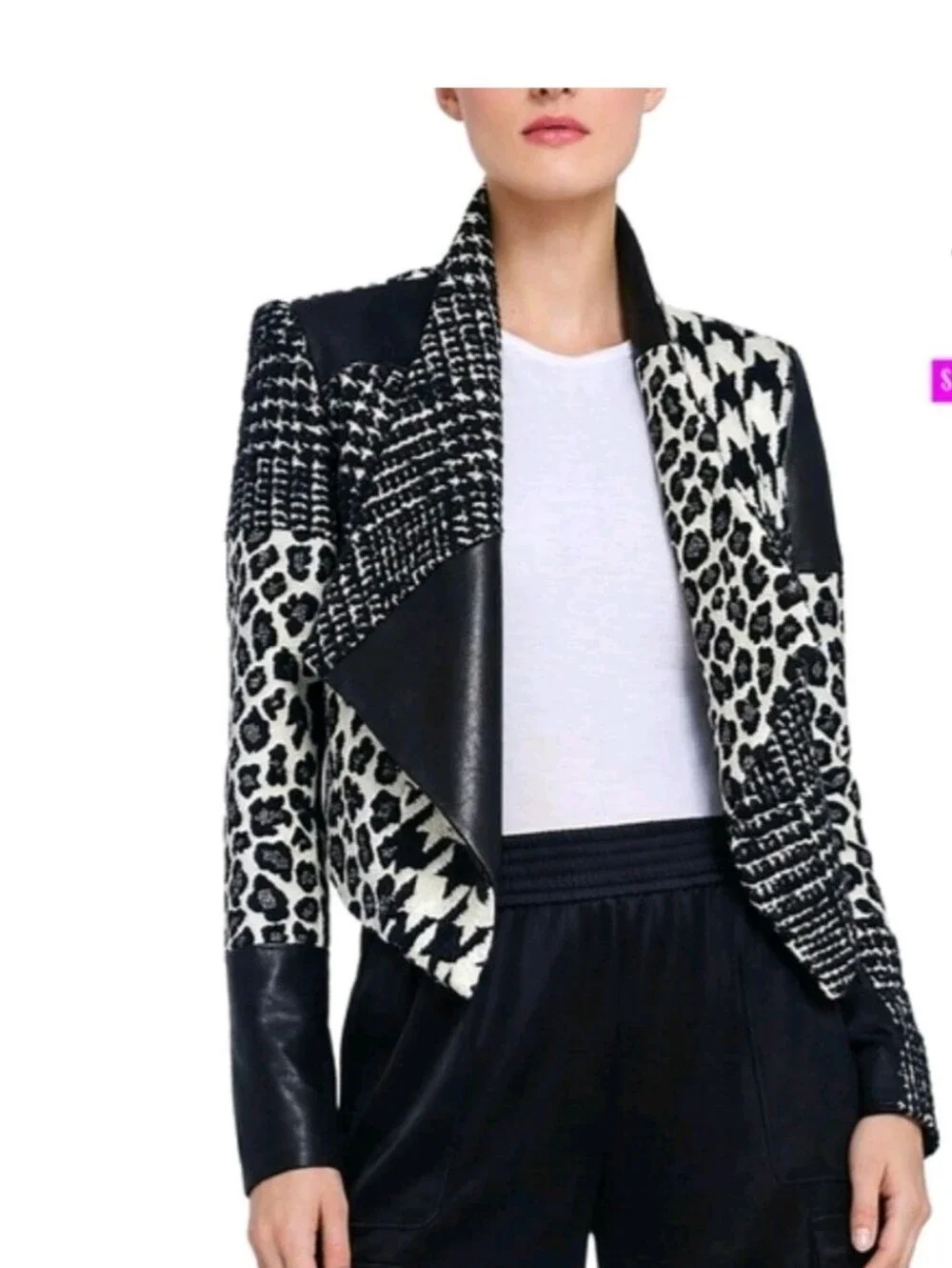 Alice + Olivia Harvey Leather Patchwork Draped Lapel Blazer Size Small $695
